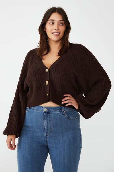 Curve Boucle Crop Cable Knit Cardigan, DARK COCOA