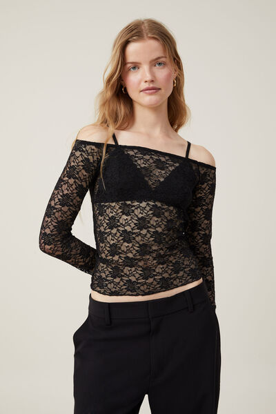 Shae Lace Off The Shoulder Long Sleeve, BLACK