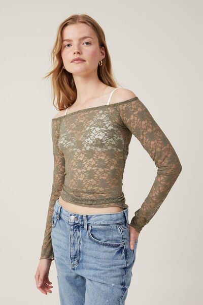 Camiseta - Shae Lace Off The Shoulder Long Sleeve, WOODLAND