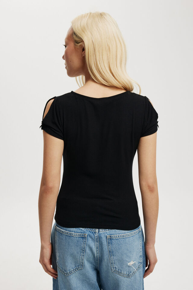 Bow Detail Short Sleeve Top, BLACK