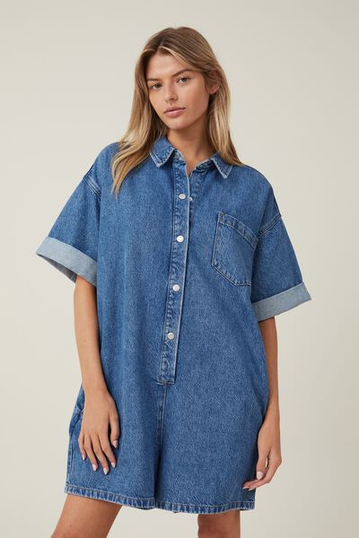Relaxed Denim Playsuit, SEA BLUE