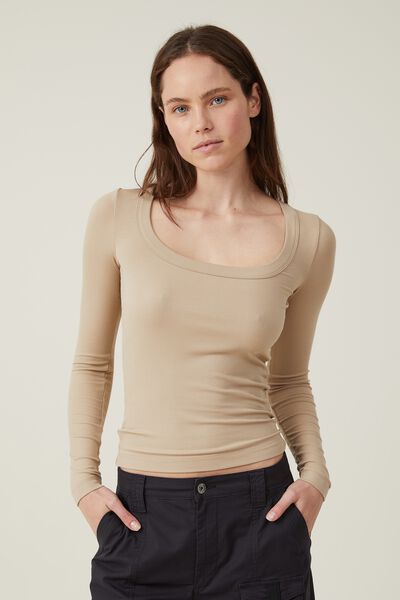 Staple Rib Scoop Neck Long Sleeve Top, MID TAUPE