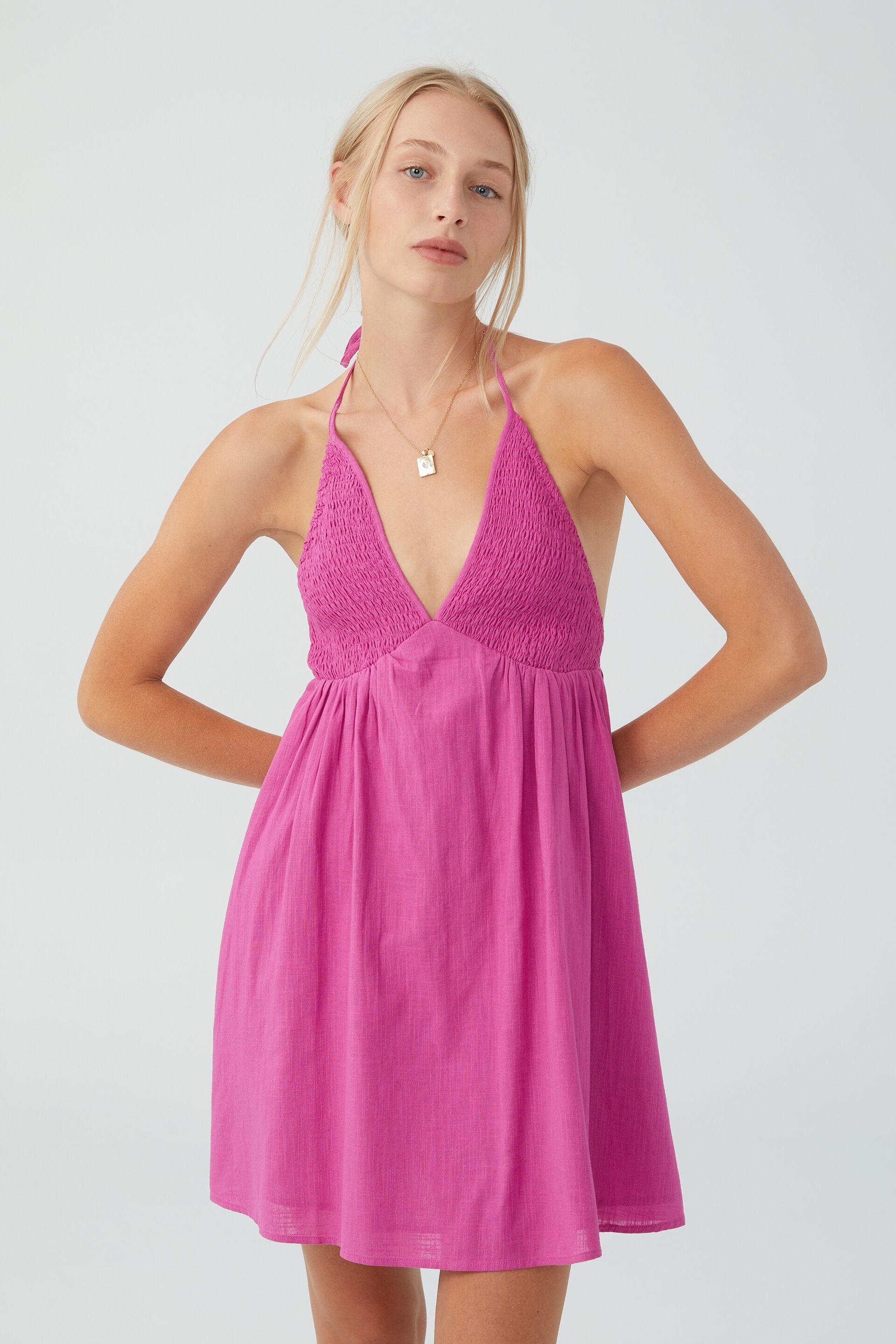 Women Dresses | Poppy Shirred V Neck Halter Mini Dress - YH39115