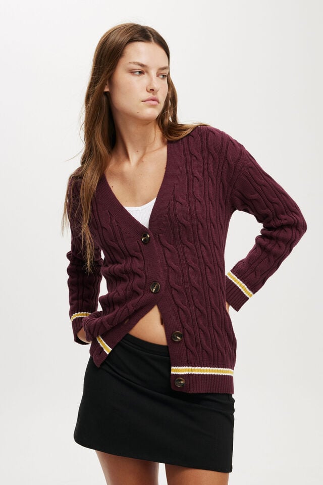 Varsity Cardigan, CHERRY VARNISH/WHITE MARIGOLD TIPPING