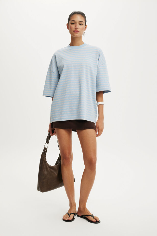 The Oversized Crew Tee, SOPHIE STRIPE GREY MARLE/ SERENE BLUE