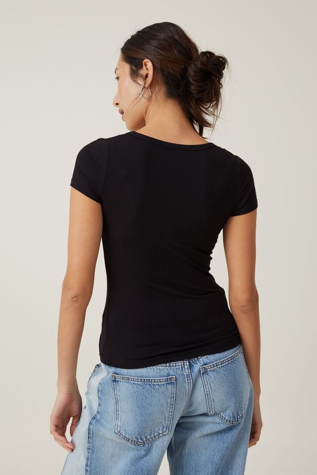 Camiseta - Staple Rib Scoop Neck Short Sleeve Top, BLACK II