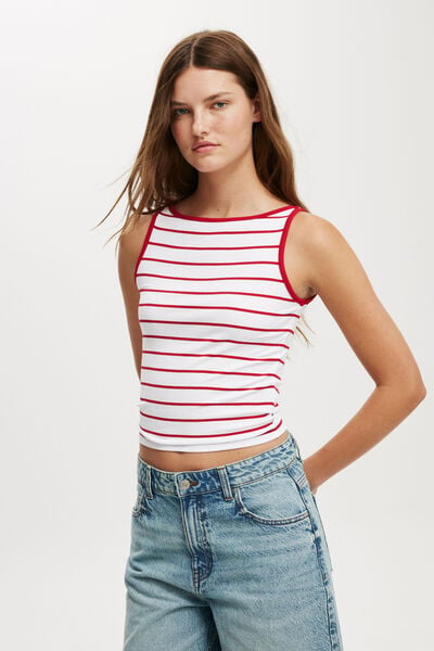 Staple Rib Boat Neck Tank, REMI  STRIPE WHITE/RED VELVET