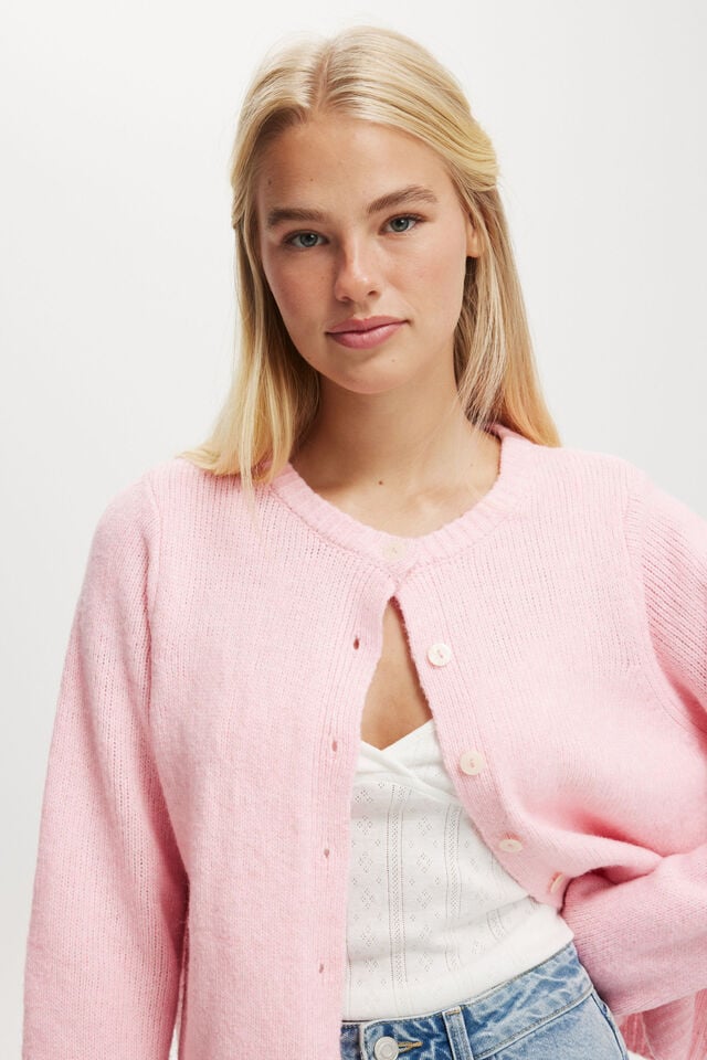 Lux Crew Button Cardigan, PINK