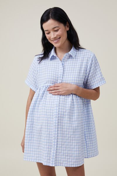 Maternity Friendly Loose Short Sleeve Mini Dress, GINNY GINGHAM SOFT BLUE