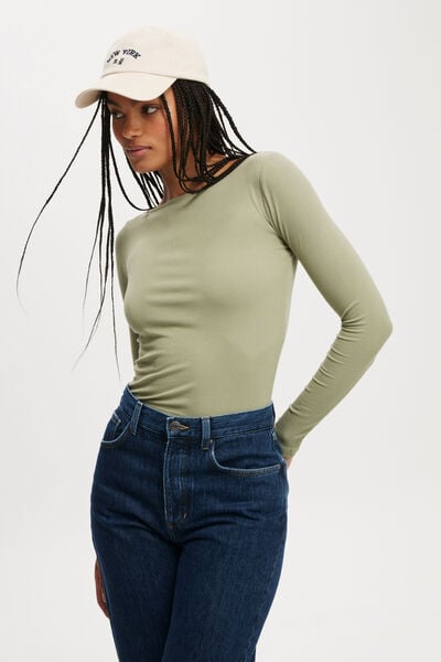 Staple Rib Boat Neck Long Sleeve Top, ARTICHOKE