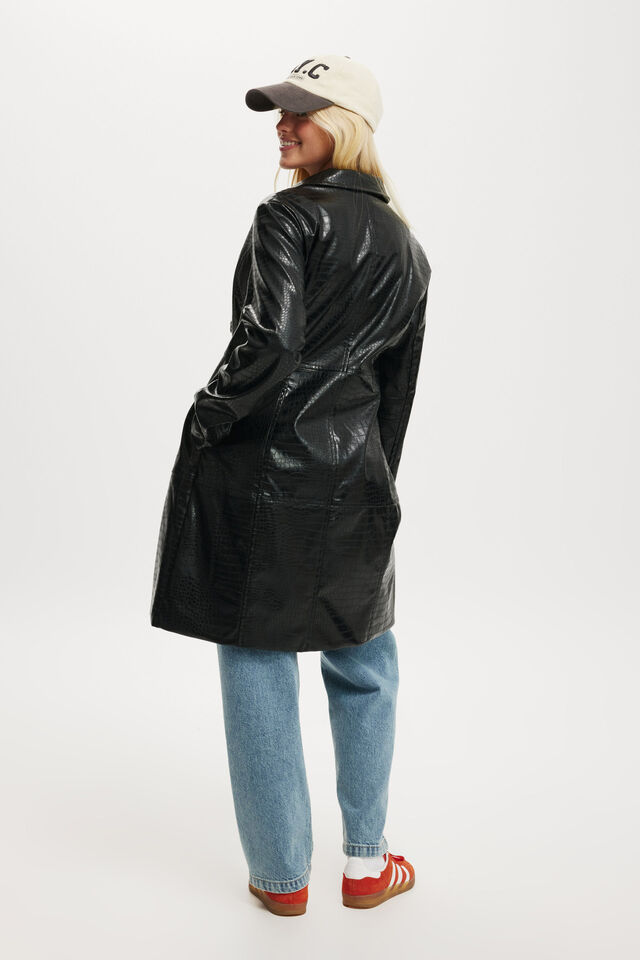 Croc Faux Leather Longline Jacket, BLACK