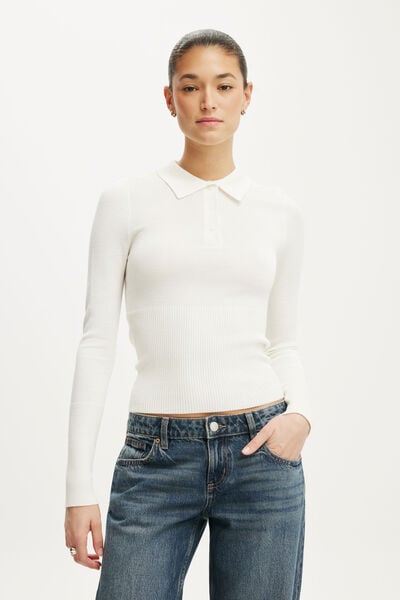 Close Knit Ls Polo, PORCELAIN