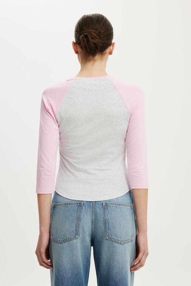 90S Baby Raglan 3/4 Tee, GREY MARLE/LIGHT PINK
