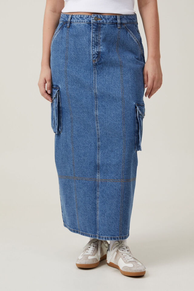 Cargo Denim Maxi Skirt, OFFSHORE BLUE