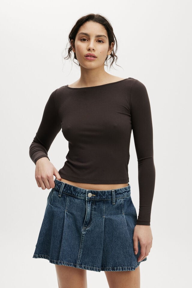 Staple Rib Boat Neck Long Sleeve Top, COLD BREW