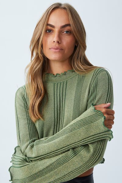 Sparkle Fluted Sleeve Mock Neck, LUXE GREEN