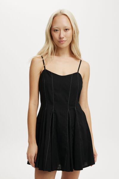 Kelly Godet Mini Dress, BLACK