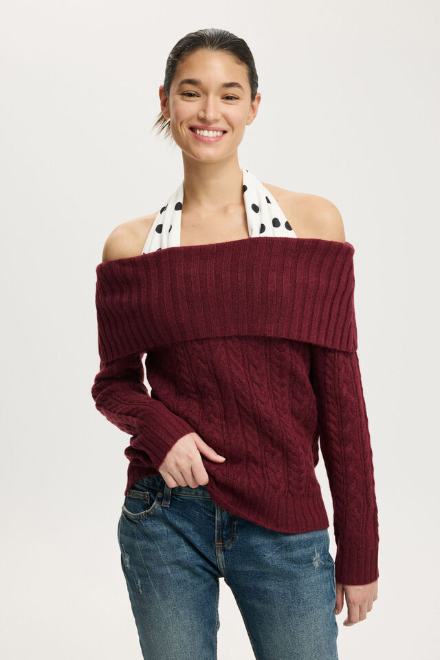 Fluffy Cable Off Shoulder Knit, CHERRYWOOD MARLE