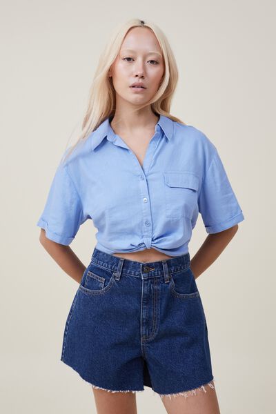 Cropped Front Knot Shirt, BLUE CHALK