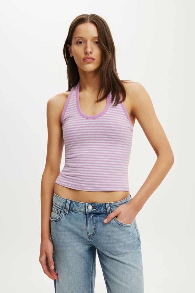 Everyday Smooth Scoop Halter, MADI STRIPE GREY MARLE/LAVENDER DUSK