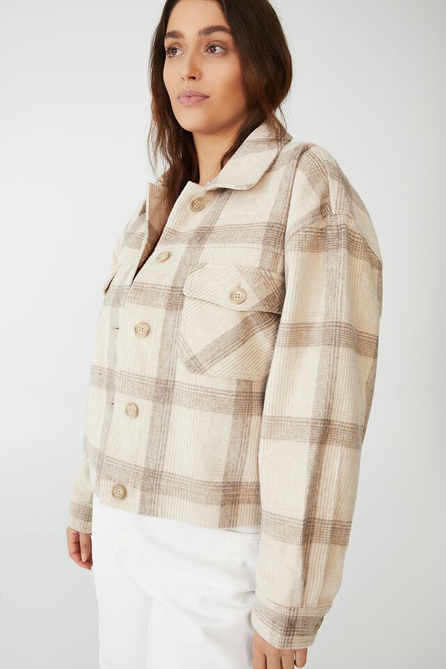 Curve Removable Sherpa Collar Trucker, NATURAL CHECK
