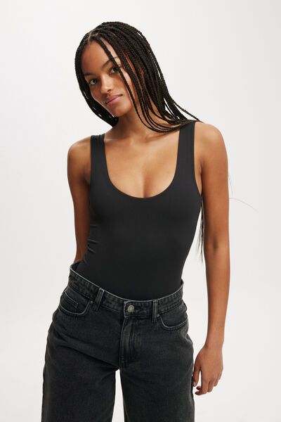 Cleo Scoop Neck Low Back Bodysuit, BLACK