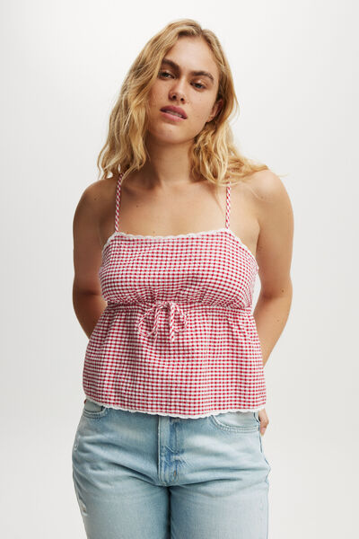Cotton Lace Straight Neck Cami, PICNIC GINGHAM RED