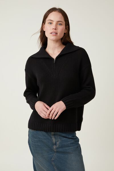Cotton Half Zip Pullover, BLACK
