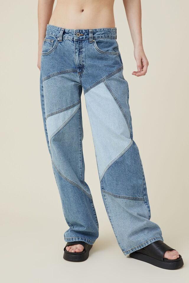 Low Straight Panel Jean, BLUE PATCHWORK