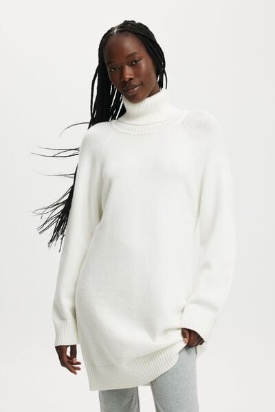 Lux Roll Neck Knit Mini Dress, WHITE