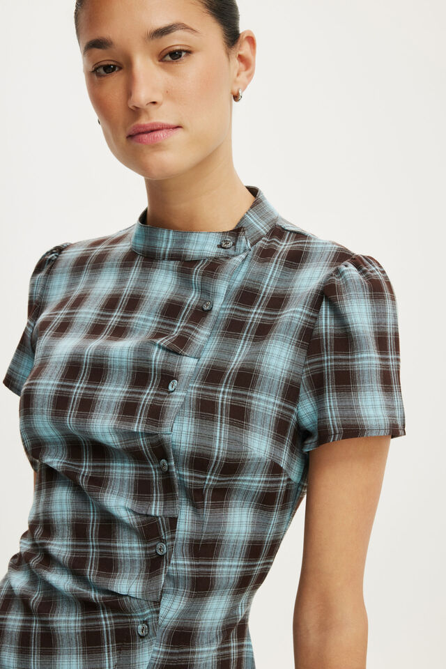 Nikki Button Mini Dress, BLUE BROWN CHECK