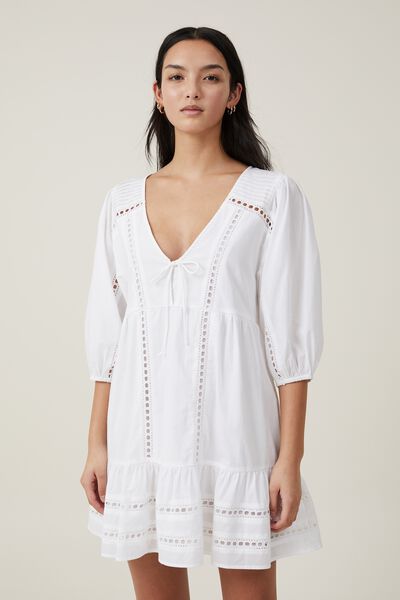 Brodie Long Sleeve Mini Dress, WHITE