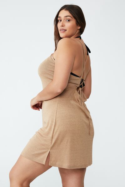 Curve Lace Up Beach Bodycon Dress, SALTED CARAMEL LUREX SHIMMER