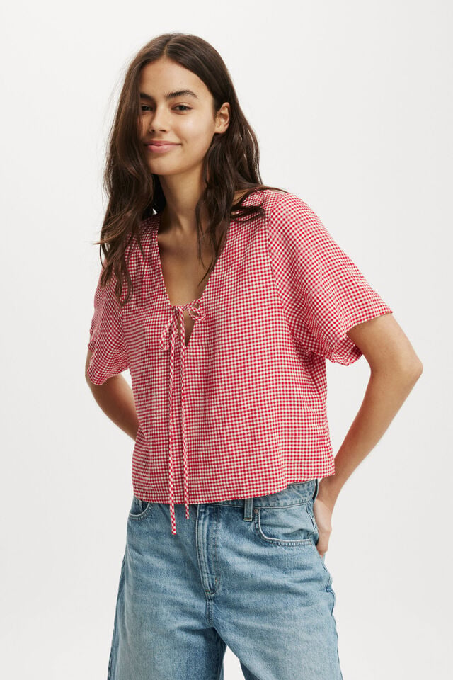 Haven Tie Front Short Sleeve Top, RED GINGHAM