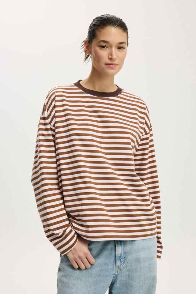 Boxy Long Sleeve Top, SOPHIE STRIPE BABYDOLL/WALNUT