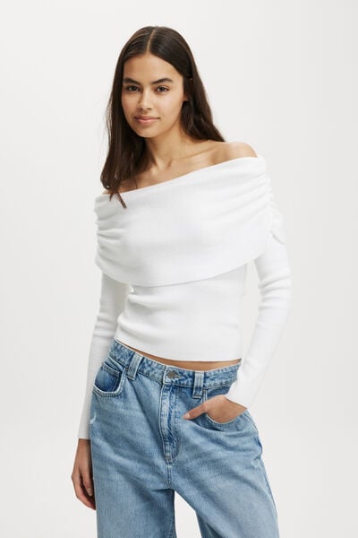 Everfine Rib Ruched Off Shoulder, WHITE