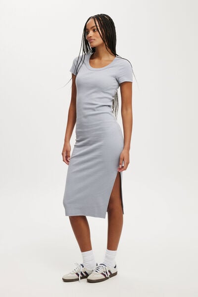 Rib Short Sleeve Split Midi Dress, LIGHT STEEL