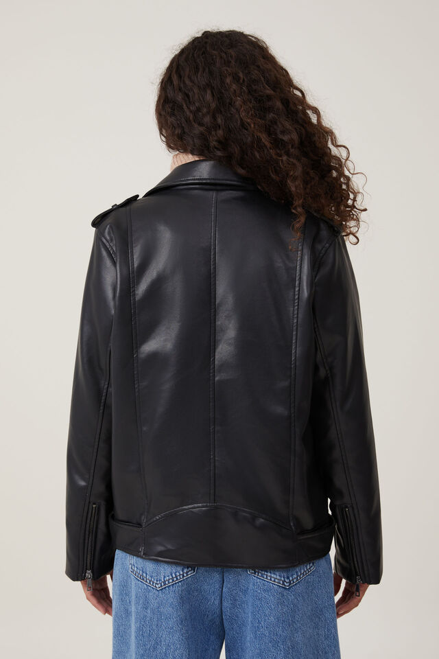 Faux Leather Biker Jacket, BLACK