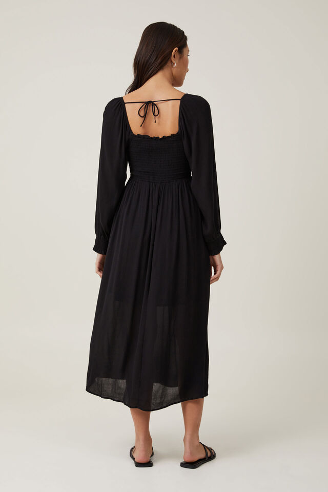 Aisha Shirred Maxi Dress, BLACK