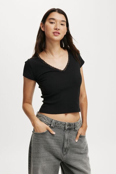 Rosa Lace Trim Tee, BLACK