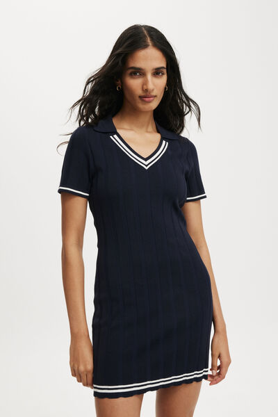 Heritage Knit Polo Mini Dress, NAVY/WHITE