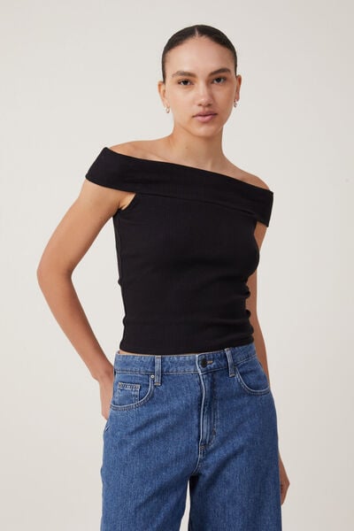 Camiseta - Margot Off The Shoulder Short Sleeve Top, BLACK
