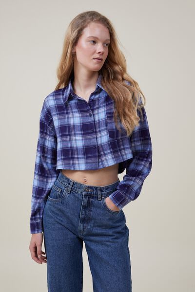Blusa - Cropped Boyfriend Flannel Shirt, HATTIE CHECK VINTAGE NAVY