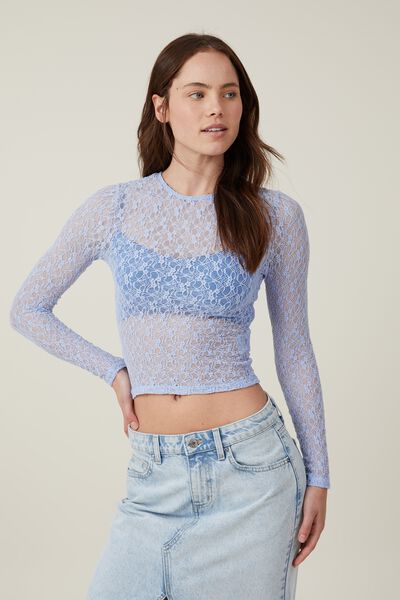 Camiseta - Zoey Lace Long Sleeve Top, SOFT BLUE
