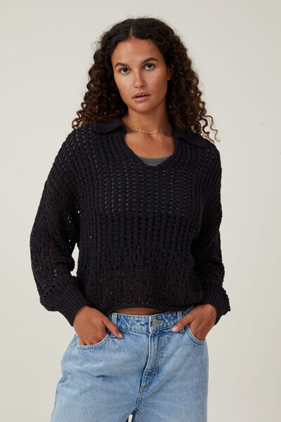 Crochet Collar Pullover, BLACK