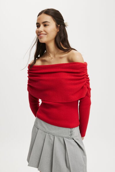 Everfine Rib Ruched Off Shoulder, RED PEPPER