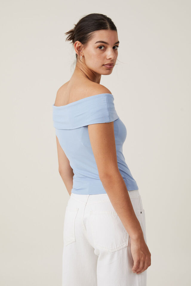 Staple Rib Off The Shoulder Short Sleeve Top, BREEZY BLUE