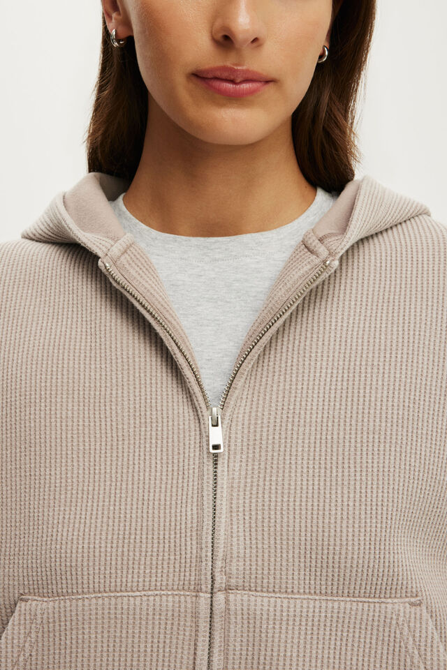 Waffle Zip Through Hoodie, WASHED PEBBLESTONE