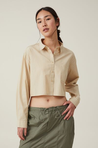 Cropped Dad Shirt, PENNY PINSTRIPE LIGHT SAND