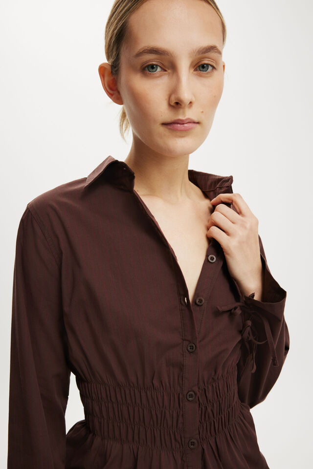 Gathered Long Sleeve Shirt, DARK OAK CHERRYWOOD PINSTRIPE